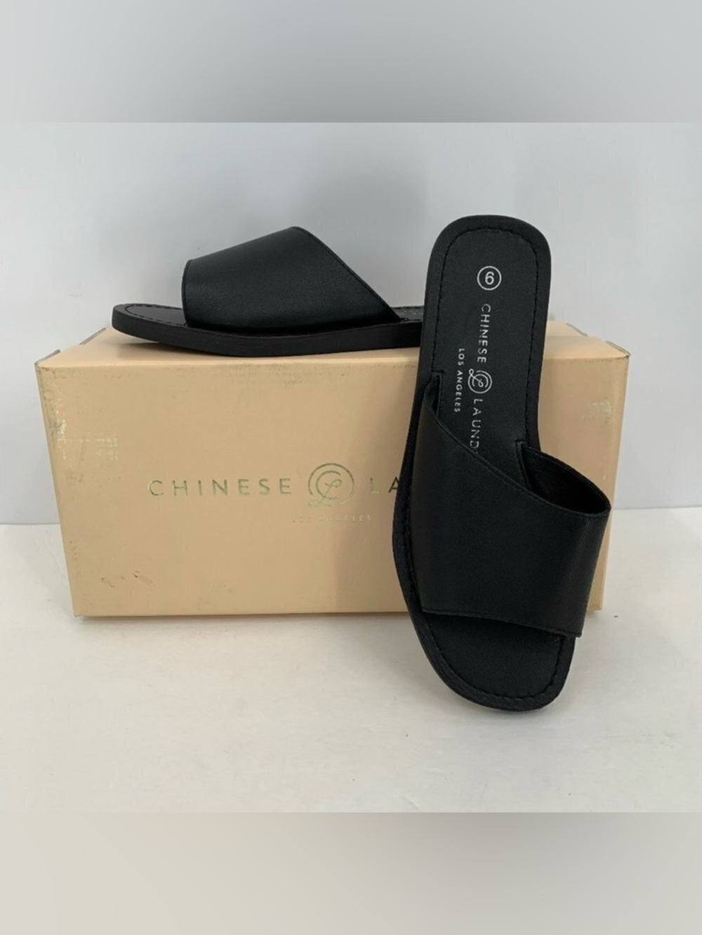 Chinese Laundry Moonshine black leather slide sandal mule shoe flat new 6
